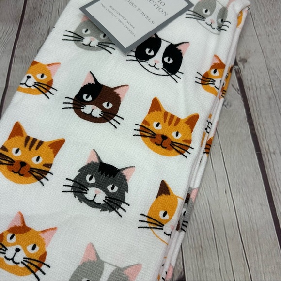 NWT studio collection kitchen towel set cotton blend graphic Cat print 2pc - Picture 2 of 6